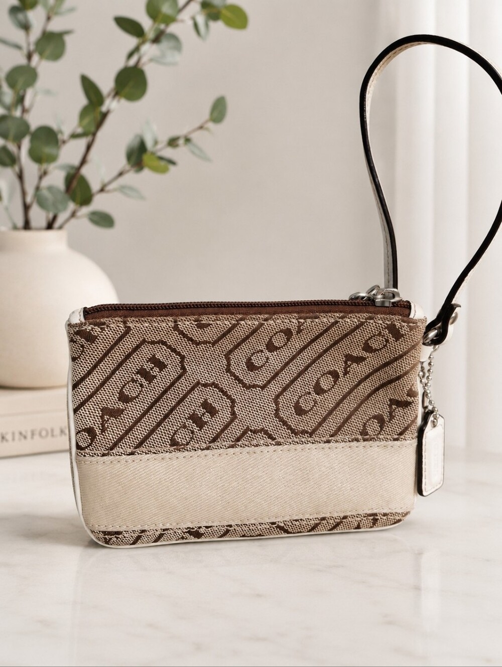 Coach Signature Logo Jacquard Mini Wristlet Pouch